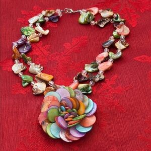 90s Y2K Shell MultiColorFlower Statement 2 Strand PreOwned Necklace 18”